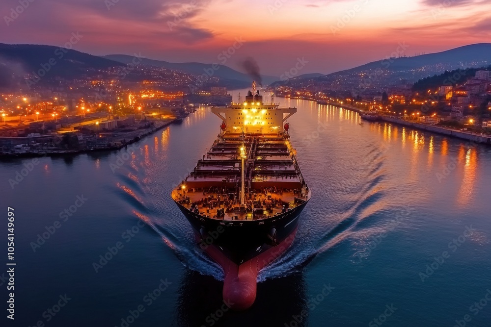 Obraz premium Large container ship leaving industrial port at sunset