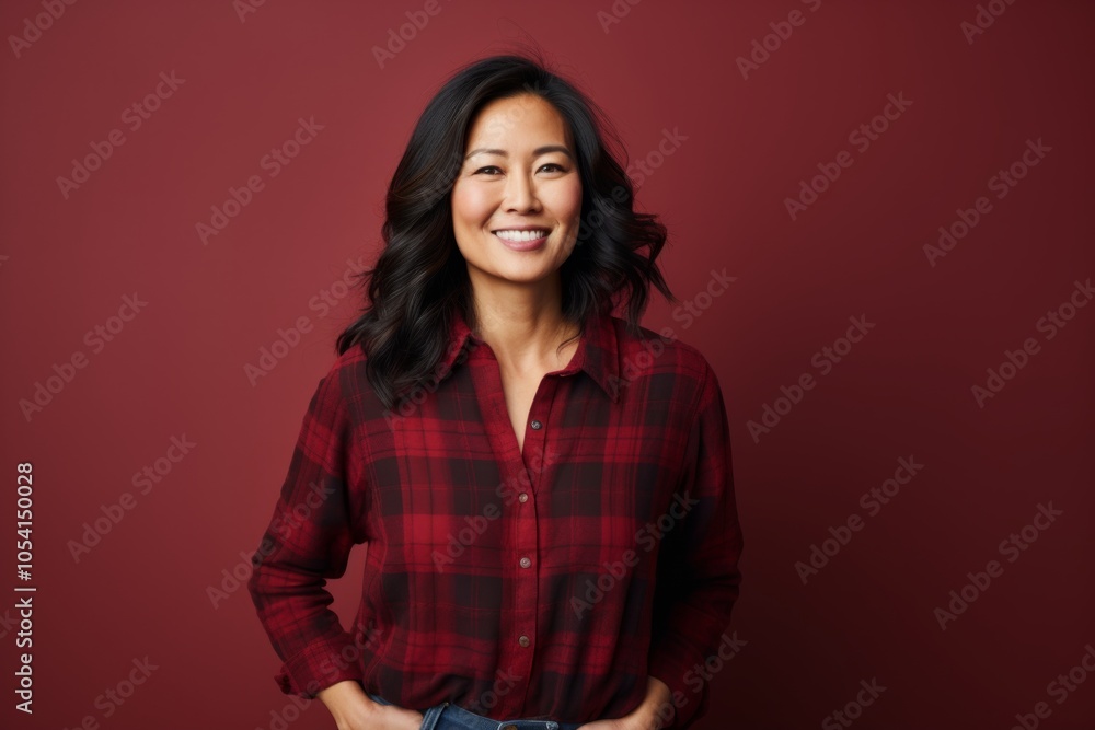 Portrait of a content asian woman in her 40s wearing a comfy flannel shirt on solid color backdrop Portrait of a content asian woman in her 40s wearing a comfy flannel shirt on solid color backdrop