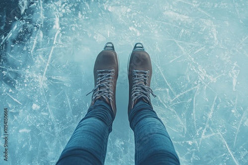 Brown skates on blue ice with clear surface marks