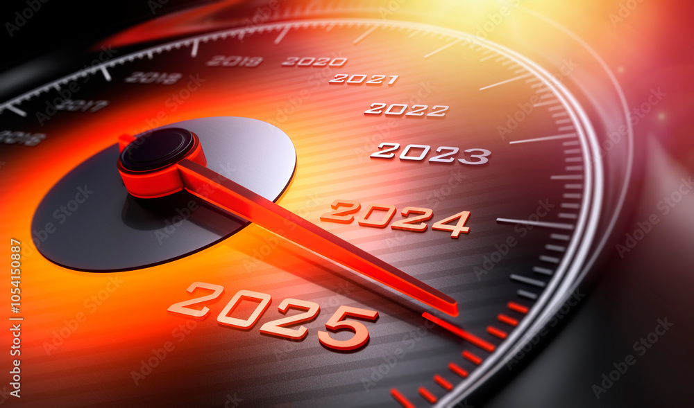 Fototapeta premium Dark stylish speedometer with orange light and needle moving to the year 2024 - 3d illustration