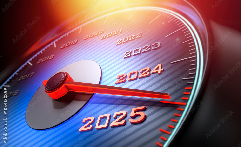 Fototapeta premium Dark stylish speedometer with blue light and needle moving to the year 2024 - 3d illustration