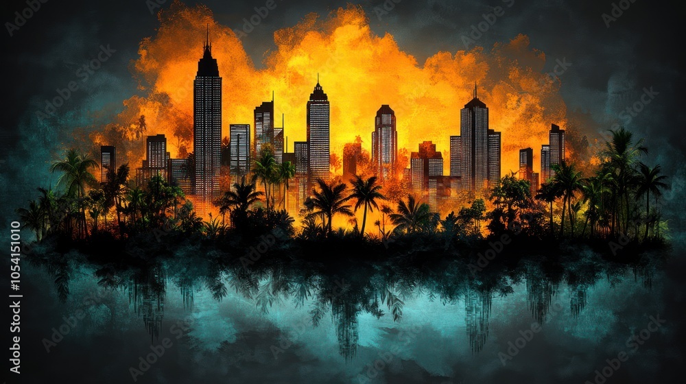 Silhouette of a Cityscape with Palm Trees and an Orange and Blue Sky Silhouette of a Cityscape with Palm Trees and an Orange and Blue Sky