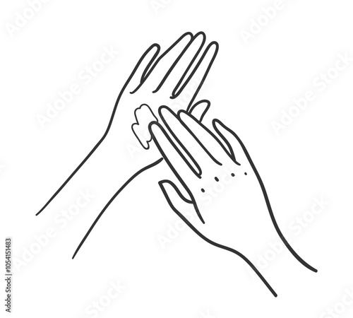 Vector line art illustration of female hands applying hand cream