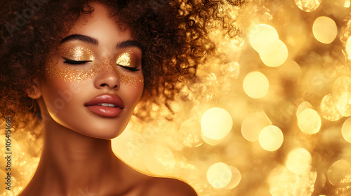 Banner beauty model girl on holiday golden background, woman with beautiful make up and curly hair style wearing gold dress, golden glow, festive celebration ai generative