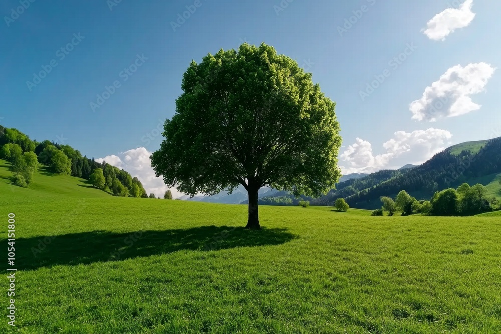 Fototapeta premium An open field with a lone tree standing tall, symbolizing the pantheistic sense of the divine in every part of nature, even in solitude, capturing beauty and strength