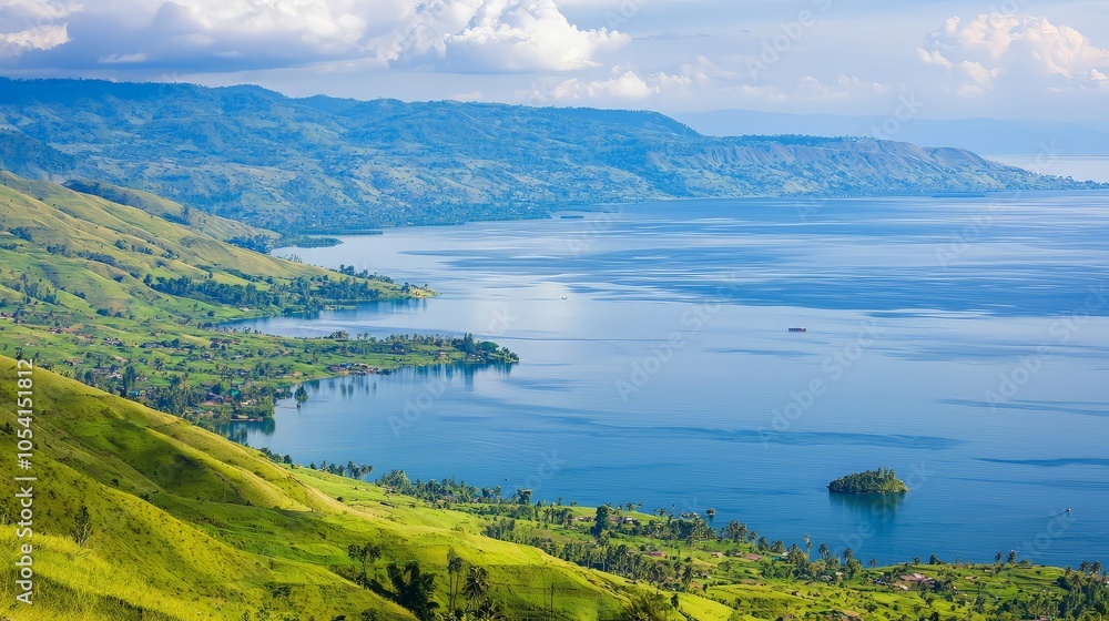 A panoramic view of a large lake with rolling hills and a small island in the distance. The water is a deep blue and the sky is a clear blue with a few white clouds. A panoramic view of a large lake with rolling hills and a small island in the distance. The water is a deep blue and the sky is a clear blue with a few white clouds.