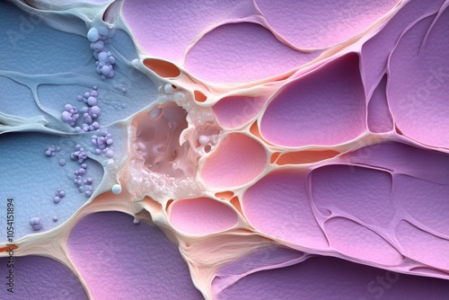 Close-up of a stem cell differentiating into skin cells and hair follicles, with distinct morphological details capturing the complexity of epidermal tissue formation, symbolizing growth and photo