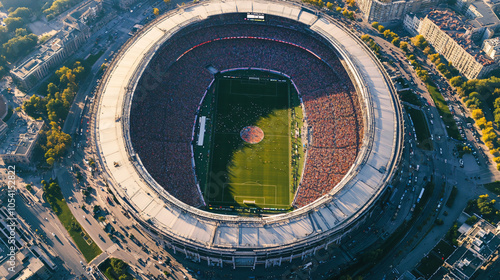 Aerial view from drone, large stadium filled with crowds during a sporting event