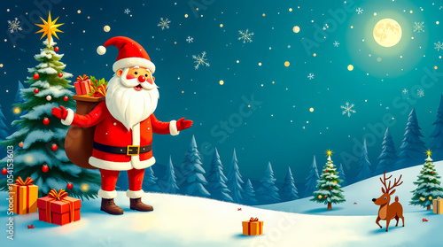 Cheerful Santa Claus carrying gifts under a starry winter sky, surrounded by snow-covered trees and a decorated Christmas tree in a festive landscape photo