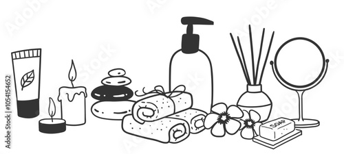 Vector line art illustration of spa still life accessories