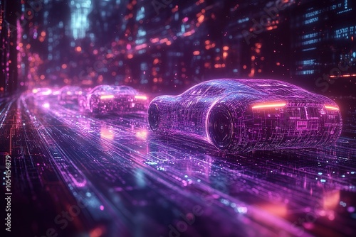 Futuristic cars drive on a neon-lit highway.