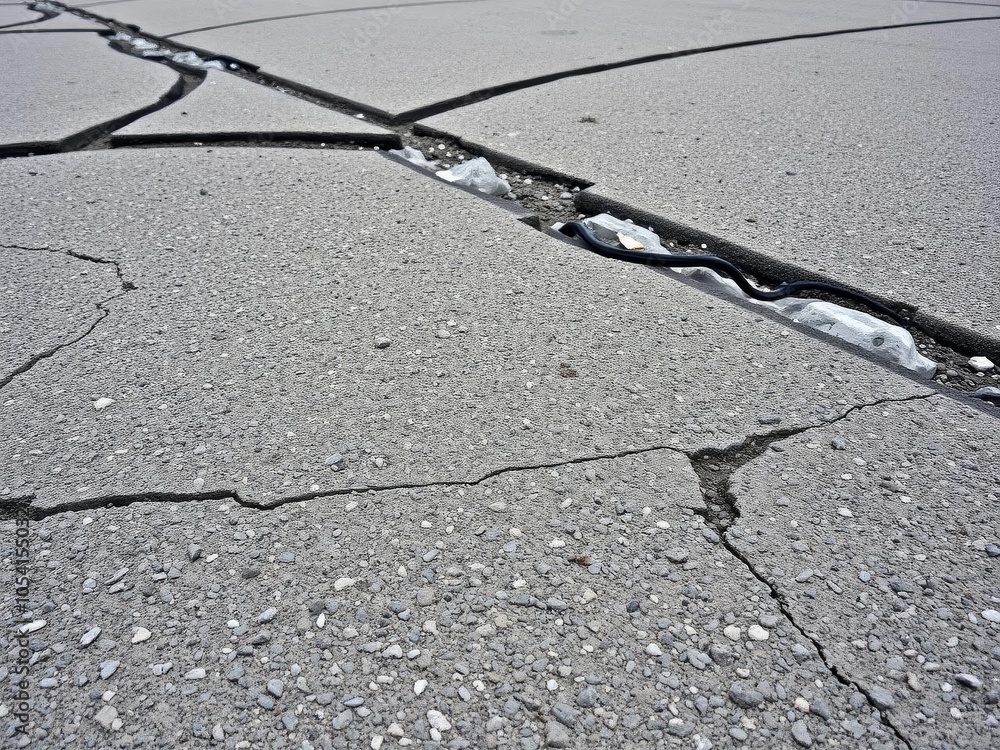 Obraz premium Close-up of rough textured asphalt surface with small cracks and pebbles scattered throughout, rough, cracks