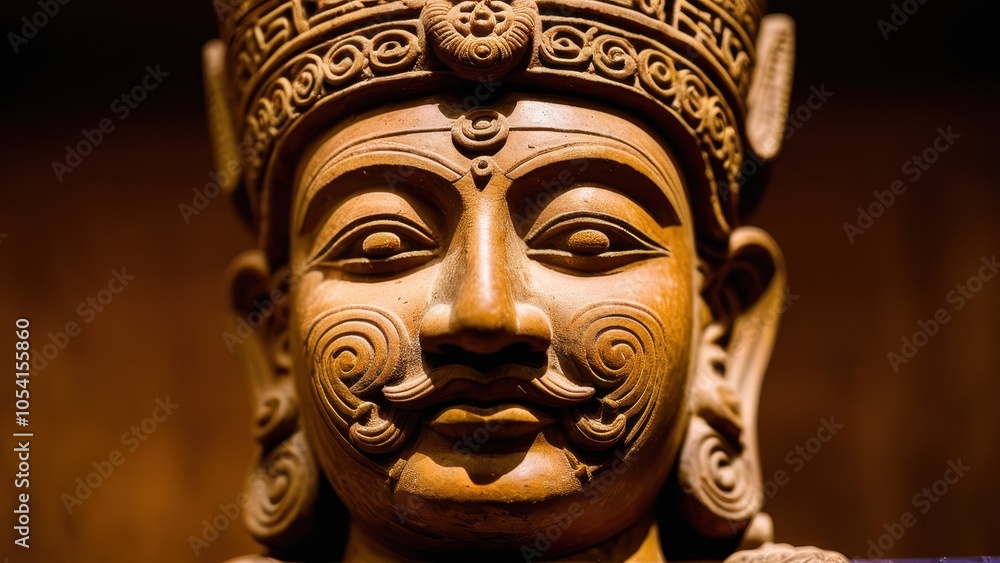 Fototapeta premium A traditional clay bust with ornate patterns, evoking historical and spiritual significance, ideal for museums or private collections.
