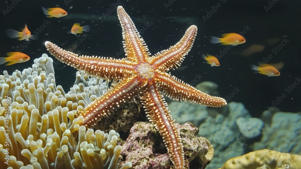 A starfish with five arms sits on a coral reef surrounded by small orange fish. A starfish with five arms sits on a coral reef surrounded by small orange fish.