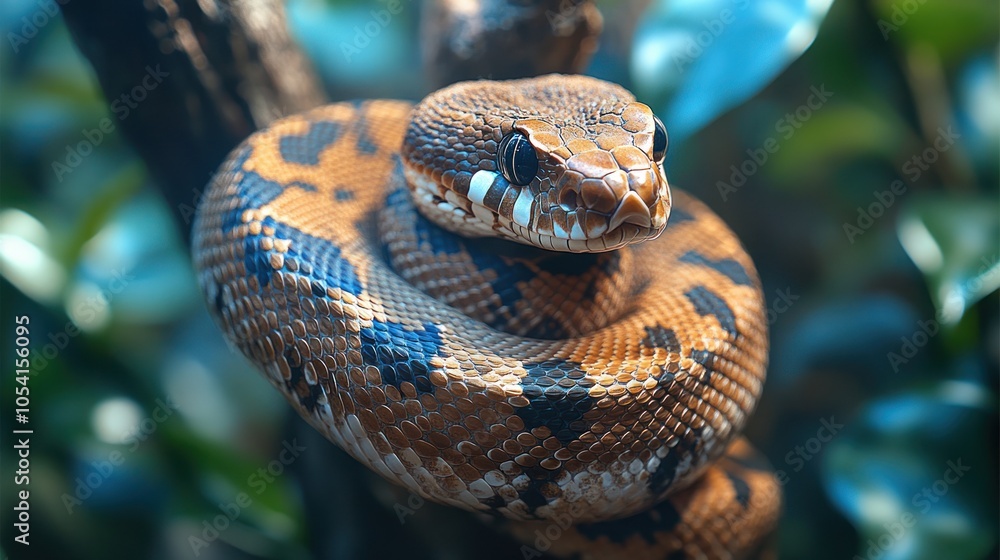 Close-up of a brown and black snake with white markings, coiled around a branch Close-up of a brown and black snake with white markings, coiled around a branch