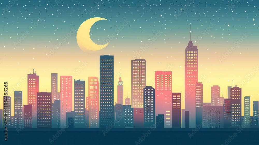 Naklejka premium City skyline transitioning to night in a smooth gradient, reflecting urban circadian flow