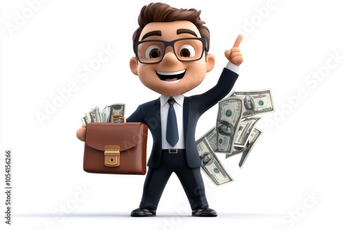 a 2D cartoon illustration of a businessman holding a briefcase filled with money ready for success white background