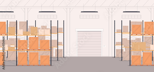 Warehouse. Storage of boxes with goods and sending them to the store, to customers. Freight transportation. Logistics company. Vector illustration