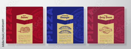 Pizza Realistic Cardboard Box Mockups Set. Abstract Vector Packaging Design Label Templates Collection. Modern Typography, Sketch Meat Bacon Salami Food and Color Paper Background Layout Isolated