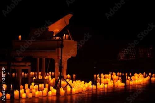 Grand piano in a concert hall in lite of candles