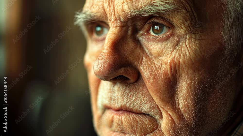 A close-up shot of an older man's face, showing the details of wrinkles and age A close-up shot of an older man's face, showing the details of wrinkles and age