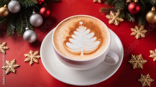 A cup of coffee with latte art of christmas tree, holiday food, festive blurred background.