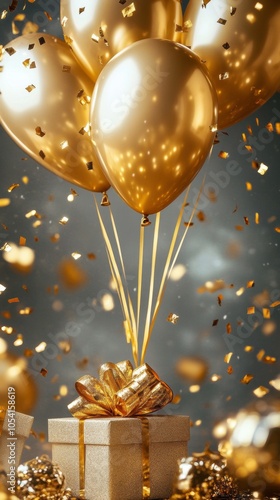 golden gift next to balloons and vertical bokeh background photo