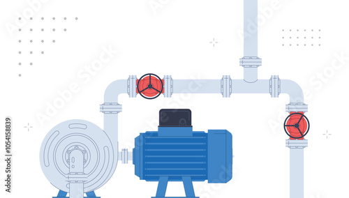 Water pumps with connected pipes. Pumping of water and liquids. Technical equipment for water stations. Water supply pipes. Vector illustrations