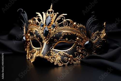 A luxurious golden mask adorned with with a metallic sheen isolated on dark background, designed for an elegant night party