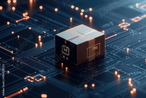 A futuristic microchip sits atop a circuit board, illuminated by glowing connections, representing advanced technology and innovation in computing. photo