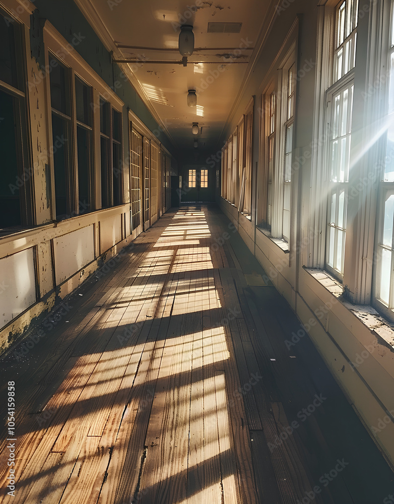 Fototapeta premium long corridor in an old school building, sunlight shines through the windows onto the wooden floorboards