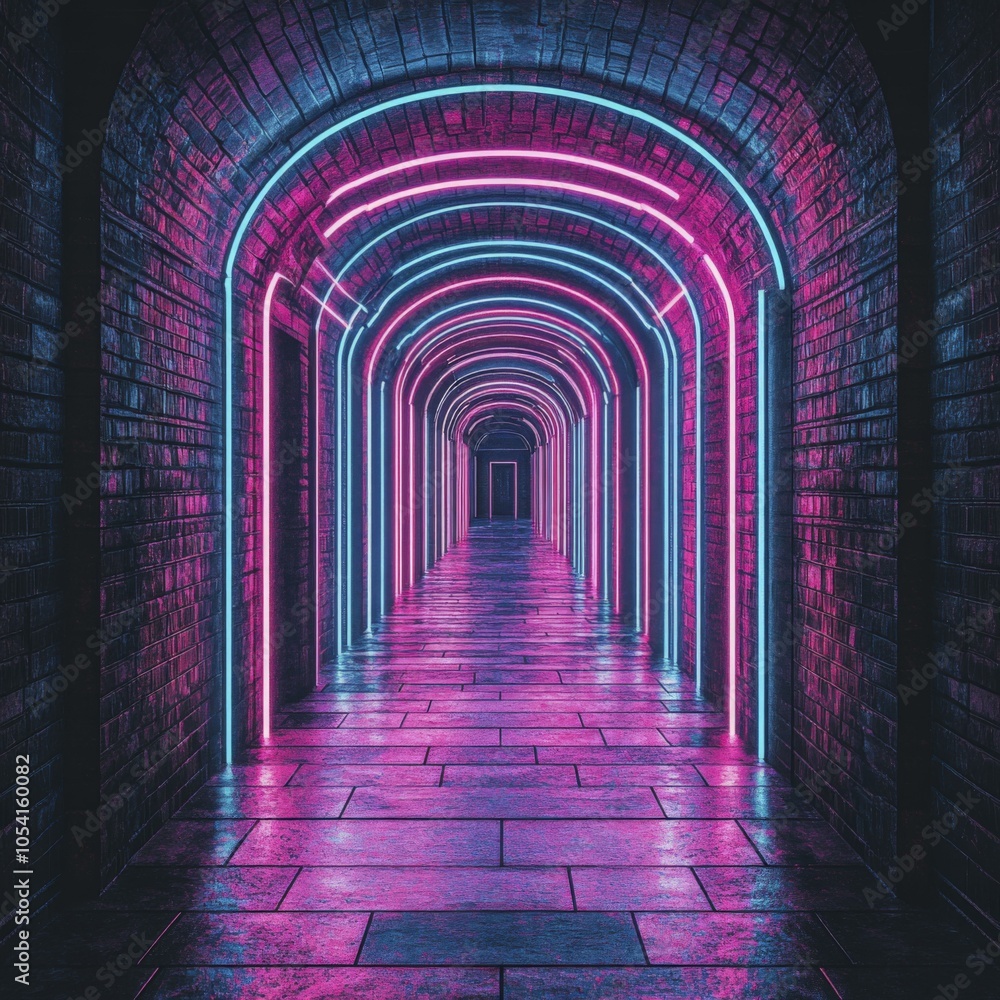Fototapeta premium Neon Lights in a Brick Tunnel - Futuristic Architectural Design