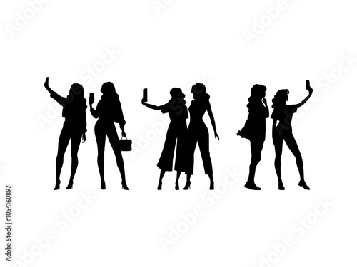 Two women are taking a selfie silhouette. Two women are taking selfies isolated on a white background.