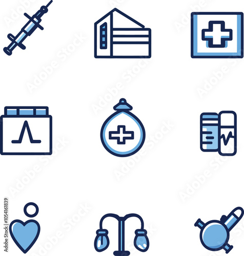 A professional vector icon set centered on medical and healthcare symbols 