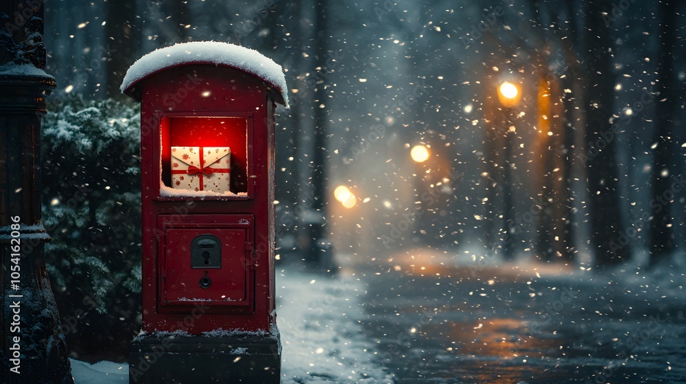 A red mailbox stands in a snowy park at night with festive lights glowing. Generative AI. A red mailbox stands in a snowy park at night with festive lights glowing. Generative AI.