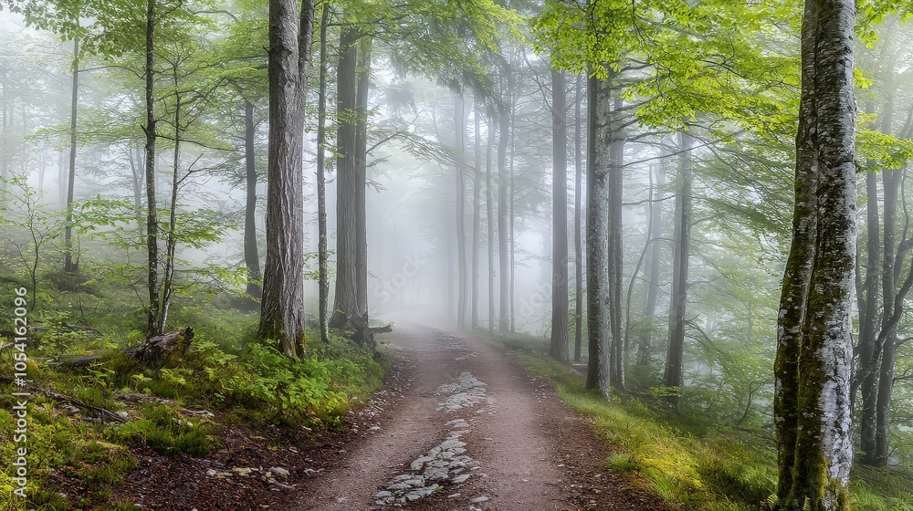 Fototapeta premium A winding dirt path leads through a misty forest, sunlight filtering through the trees.