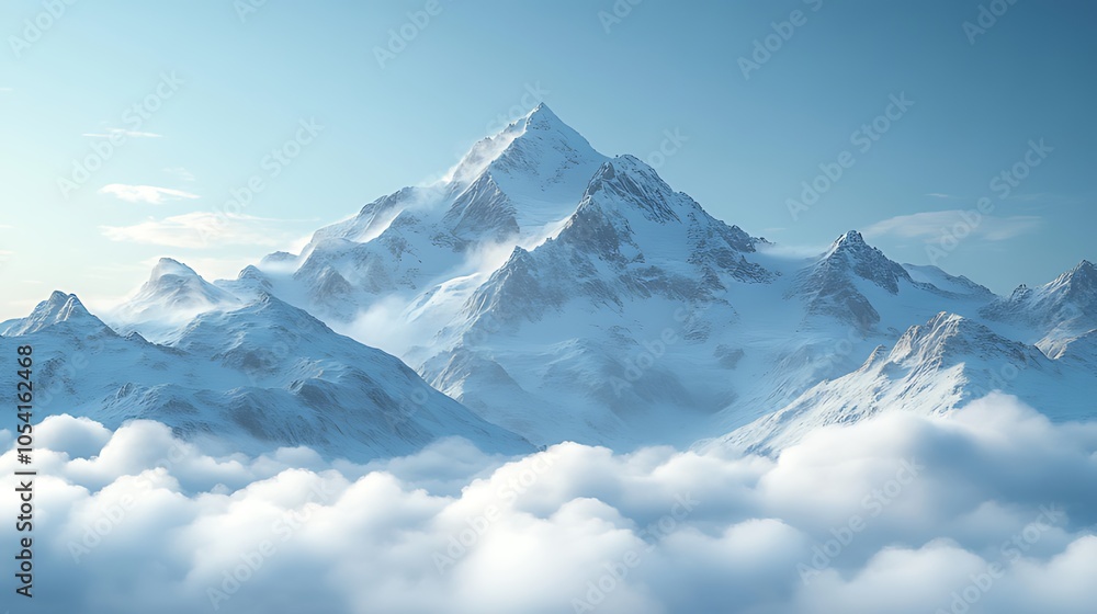 Fototapeta premium Majestic snow-capped mountain peak rising above the clouds under a clear blue sky.