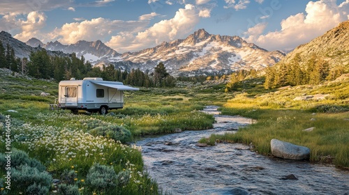 Mountain Serenity: Ultra-Detailed Photography of a Pop-Up Camper at Mammoth Lakes, Surrounded by Sierra Nevada Peaks, Wildflowers, and Pristine Wilderness at Golden Hour. photo