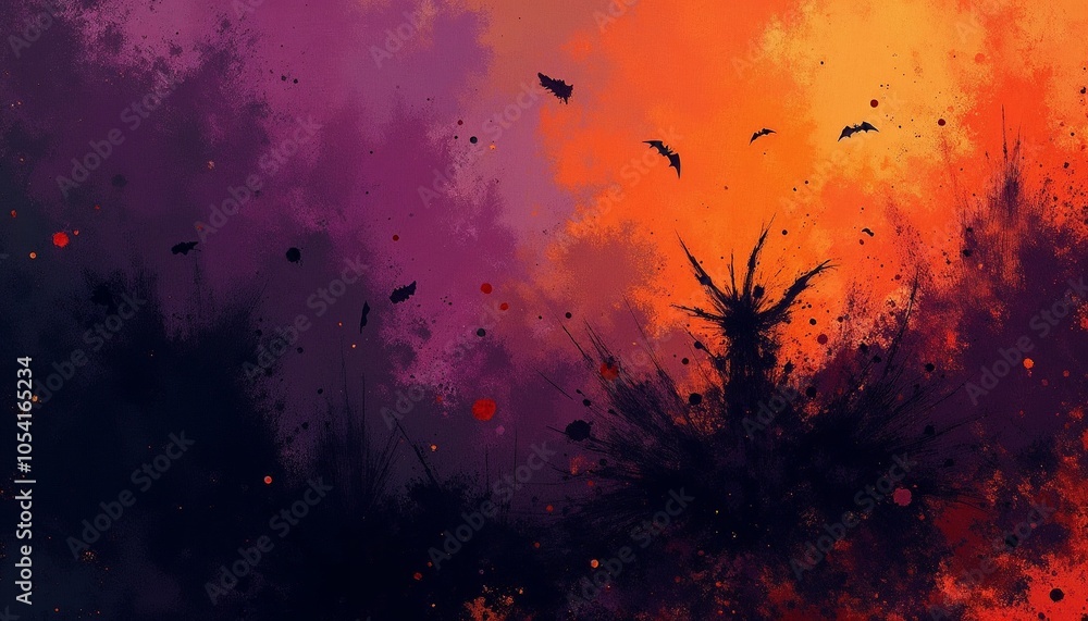 Abstract Halloween scene with bats in purple and orange sky Abstract Halloween scene with bats in purple and orange sky