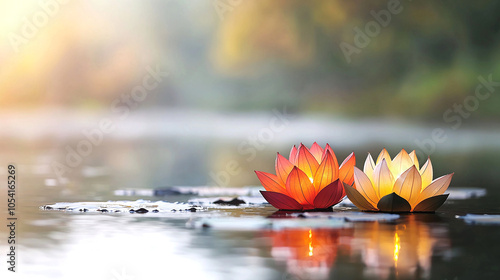 A serene scene featuring vibrant water lilies floating on a calm pond, illuminated by soft sunlight, embodying tranquility and natural beauty. photo