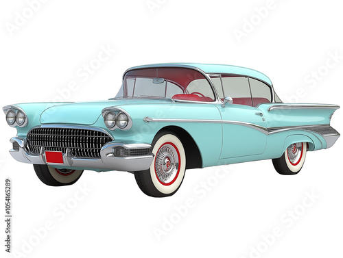 Vintage Turquoise and Red Retro Automobile on White Background