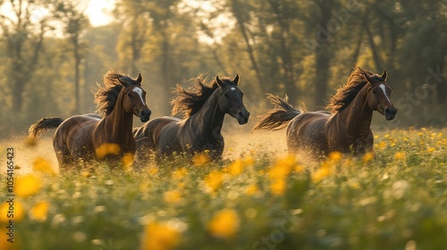 Three Horses Galloping Through a Field of Yellow Flowers at Sunset photo