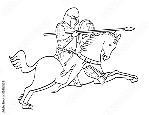 Line art drawing illustration of a knight or nobleman on horseback on horseback riding horse steed with lance side view done in medieval style on isolated background in black and white.
