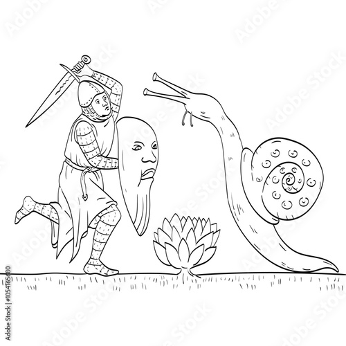 Line art drawing illustration of a knight or nobleman soldier fighting a giant snail with sword done in medieval style on isolated background in black and white.
