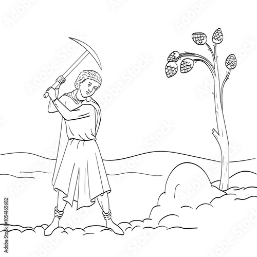 Line art drawing illustration of a male medieval miner or agricultural worker mining with pick ax in a quarry done in medieval style on isolated background.
