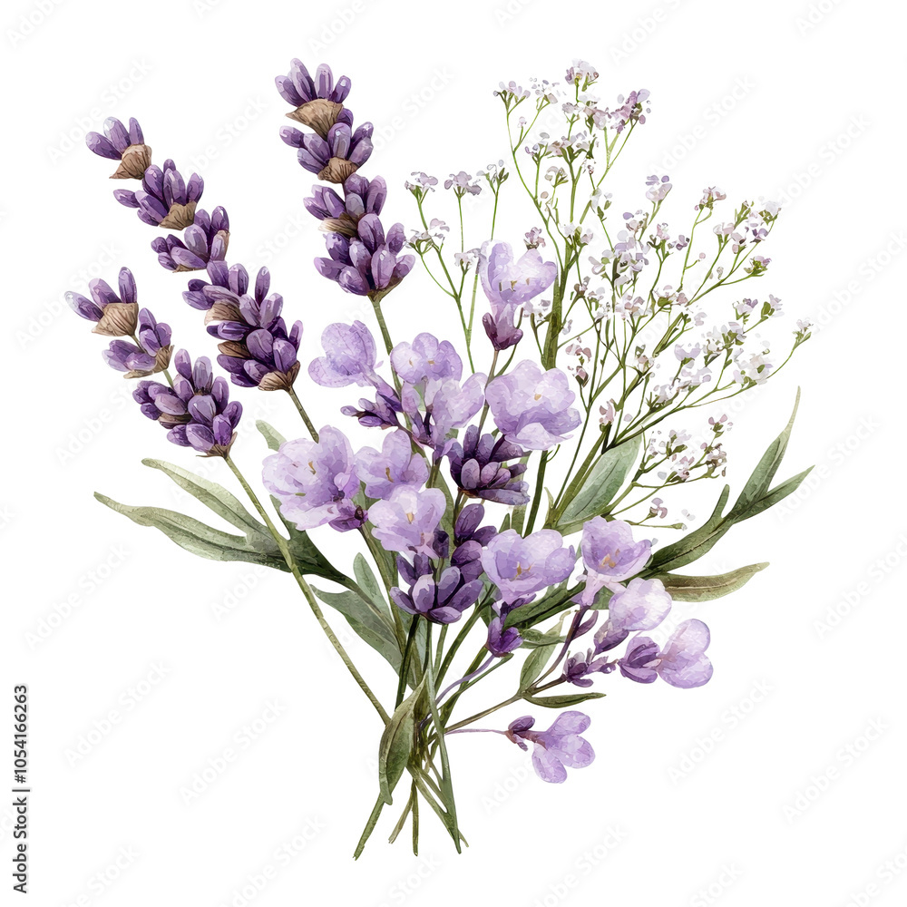 Obraz premium A beautiful bouquet of lavender flowers accompanied by delicate white blossoms, perfect for decor or floral arrangements, on a white isolated background.