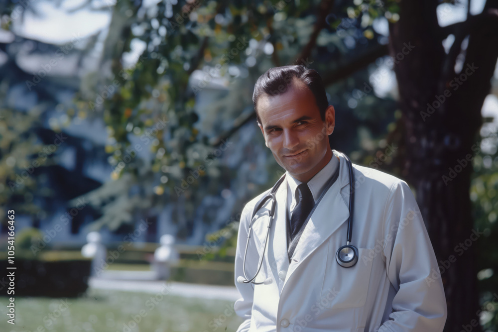 Confident Male Doctor in White Coat Outdoors Confident Male Doctor in White Coat Outdoors