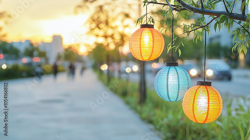 Charming lanterns hanging from a tree at sunset, illuminating a walkway with a warm and inviting atmosphere. photo