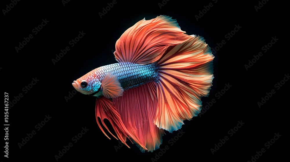 Fototapeta premium Siamese Fighting Fish, Betta splendens in vibrant detail, with delicate fins in radiant colors and intricate scale patterns, swimming through a peaceful underwater scene.