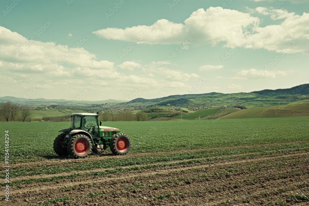 Fototapeta premium Farmer driving tractor in cultivated field on sunny day